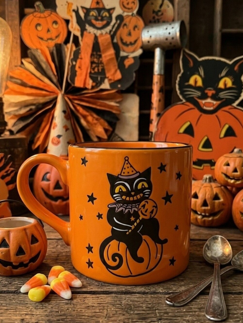 Eli and Ana Vintage Style Black Cat Pumpkin Halloween Mug